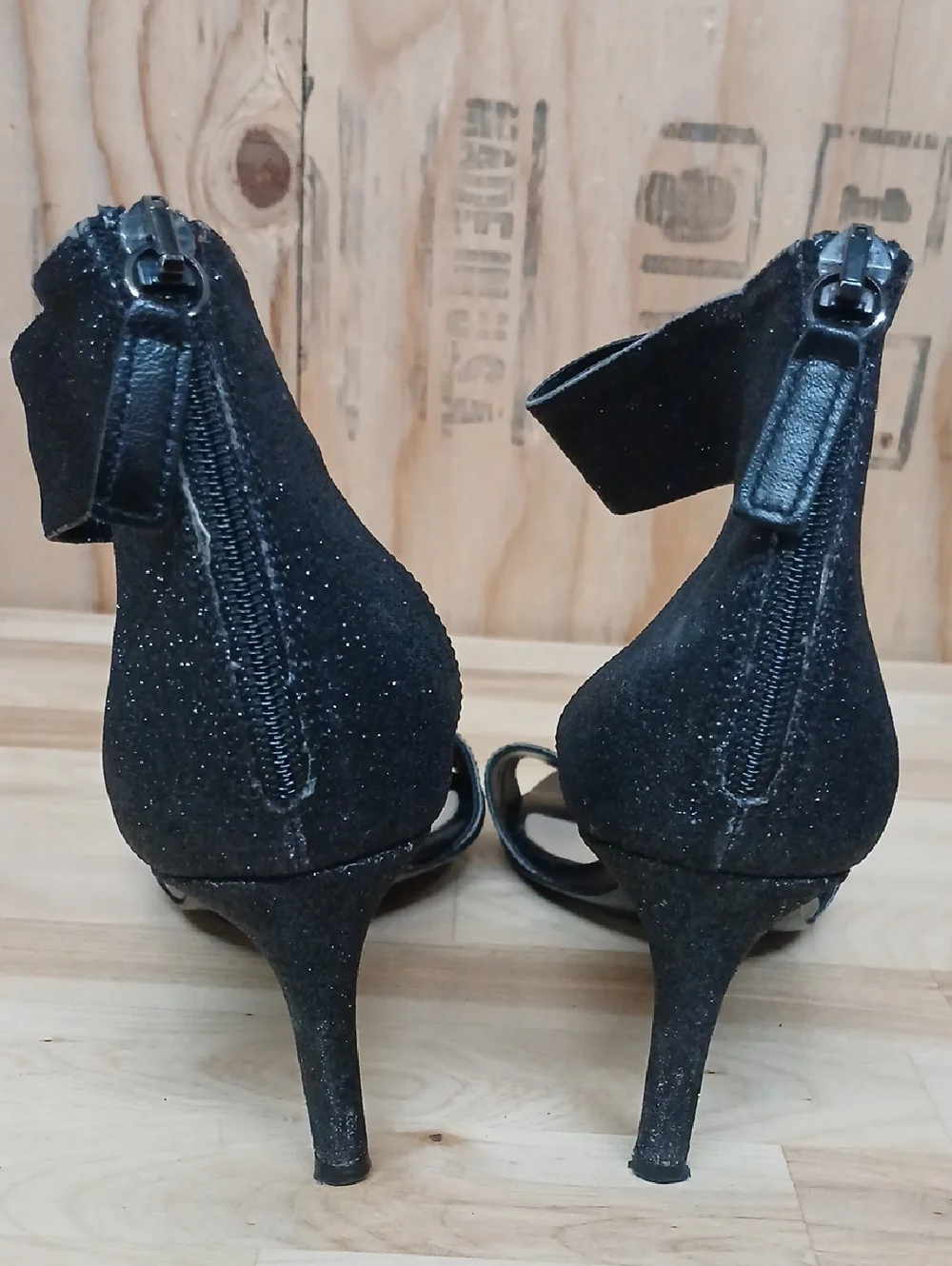 Diane Von Furstenberg Black Glitter Ankle-Strap Stiletto Heels Size 7.5 B